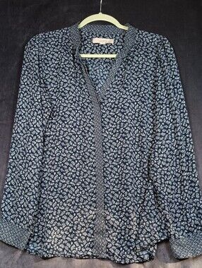 LOFT Navy Floral Light Long-Sleeve Blouse, Contrast Collar And Cuffs